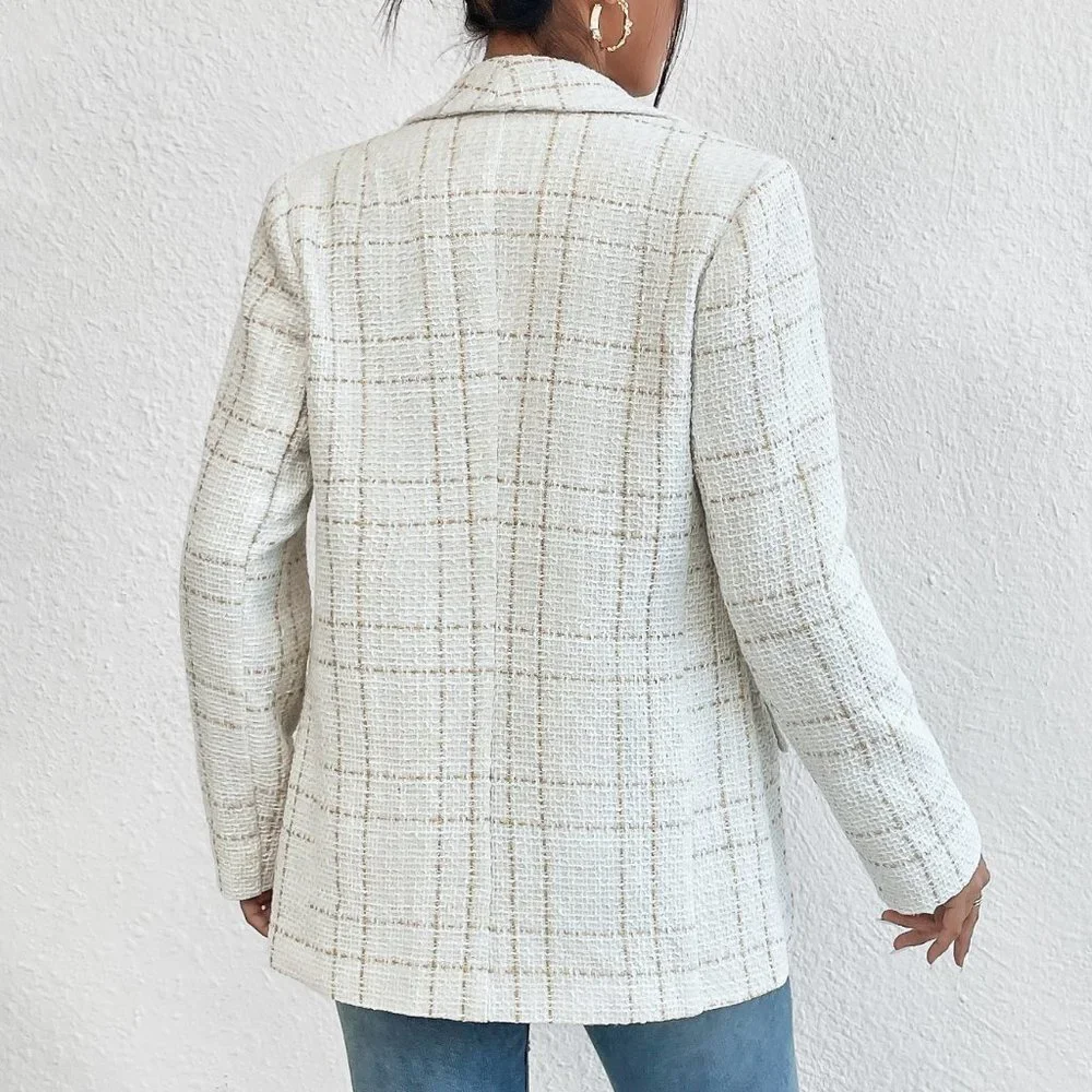 White Casual Womens Houndstooth Print Open Front Blazer - Picture 2 of 5